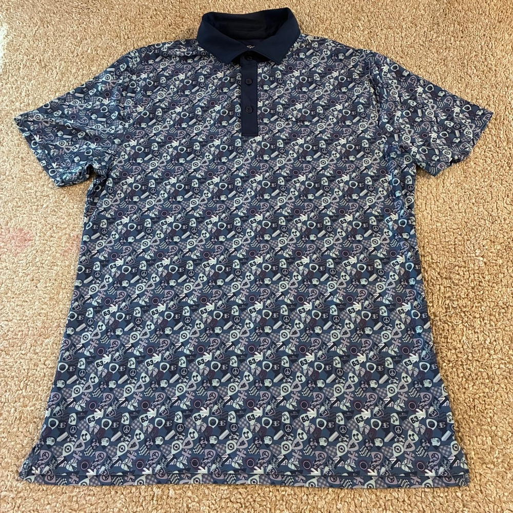 Ben Sherman Sport Performance Polo Shirt Blue Mod Print Men's Medium Golf